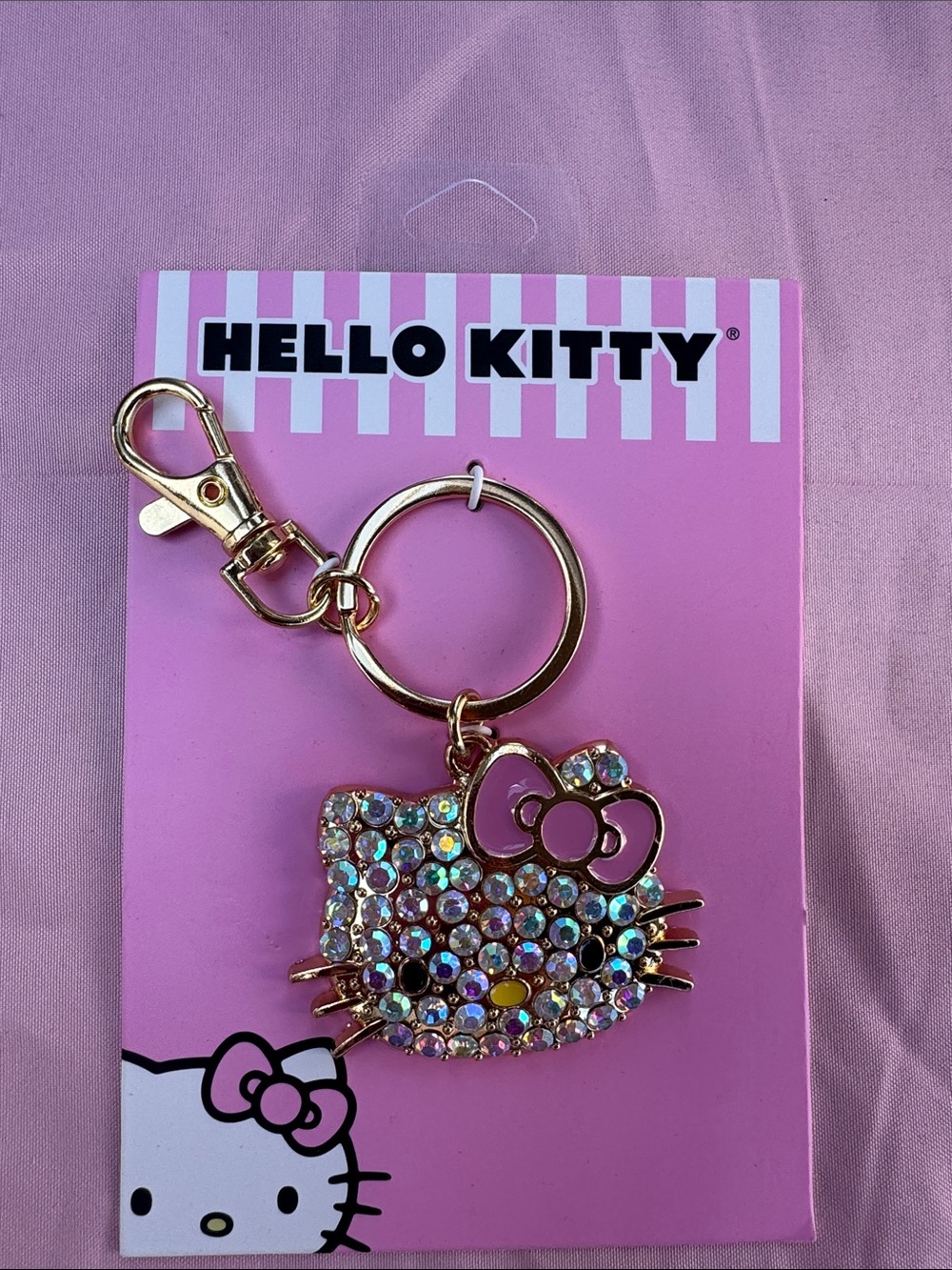 Hello Kitty Gold-Tone Crystal Keyring with Pink Bow